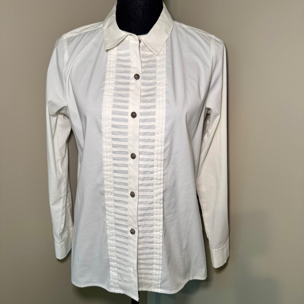 J. Jill White Tuxedo Pleated Front Button Down‎ Shirt Stretch Petite Small
